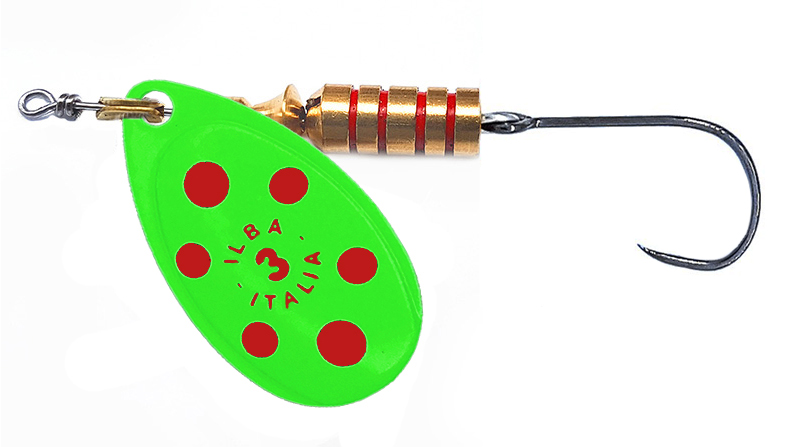 CUCHARILLA ILBA TONDO LIME PUNTOS ROJOS Nº 3 7 GR (1 ANZUELO SIN MUERTE)