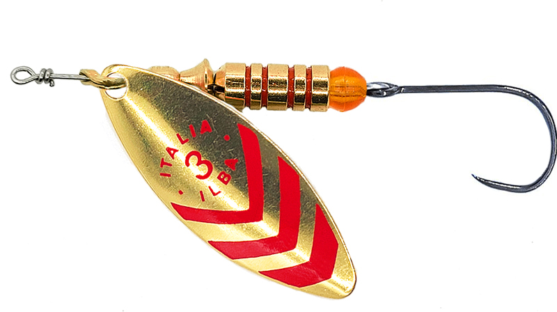 CUCHARILLA ILBA LUNGO ORO RAYAS ROJAS Nº 2 5 GR (1 ANZUELO SIN MUERTE)