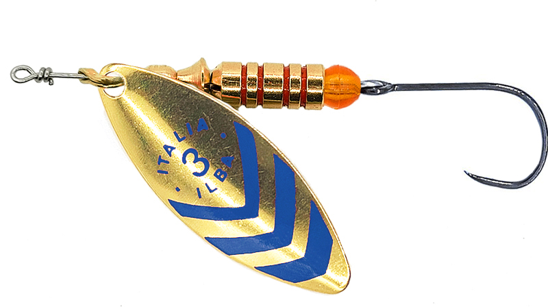 CUCHARILLA ILBA LUNGO ORO RAYAS AZULES Nº 2 5 GR (1 ANZUELO SIN MUERTE)