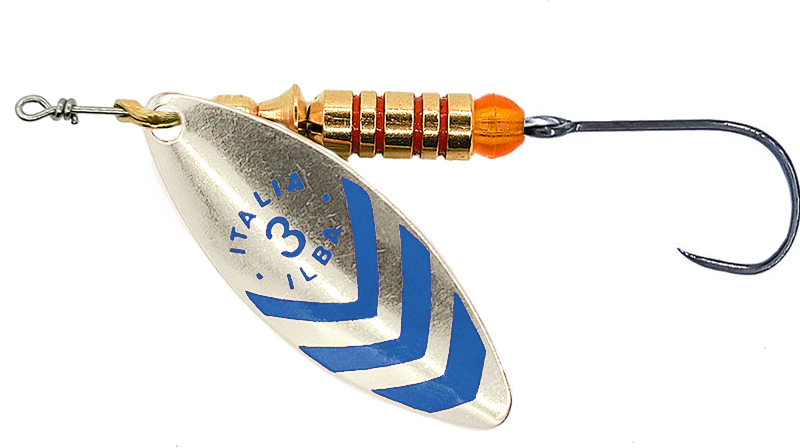 CUCHARILLA ILBA LUNGO PLATA RAYAS AZULES Nº 2 5 GR (1 ANZUELO SIN MUERTE)