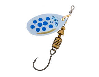 CUCHARILLA GRAUVELL PLATA PUNTOS AZULES Nº 2 (1 ANZUELO SIN MUERTE)  CUCHARILLA GRAUVELL PLATA PUNTOS AZULES Nº 2 (1 ANZUELO SIN MUERTE)