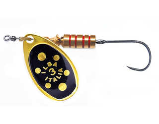 CUCHARILLA ILBA TONDO NEGRO PUNTOS ORO N°0 2 GR (1 ANZUELO SIN MUERTE)