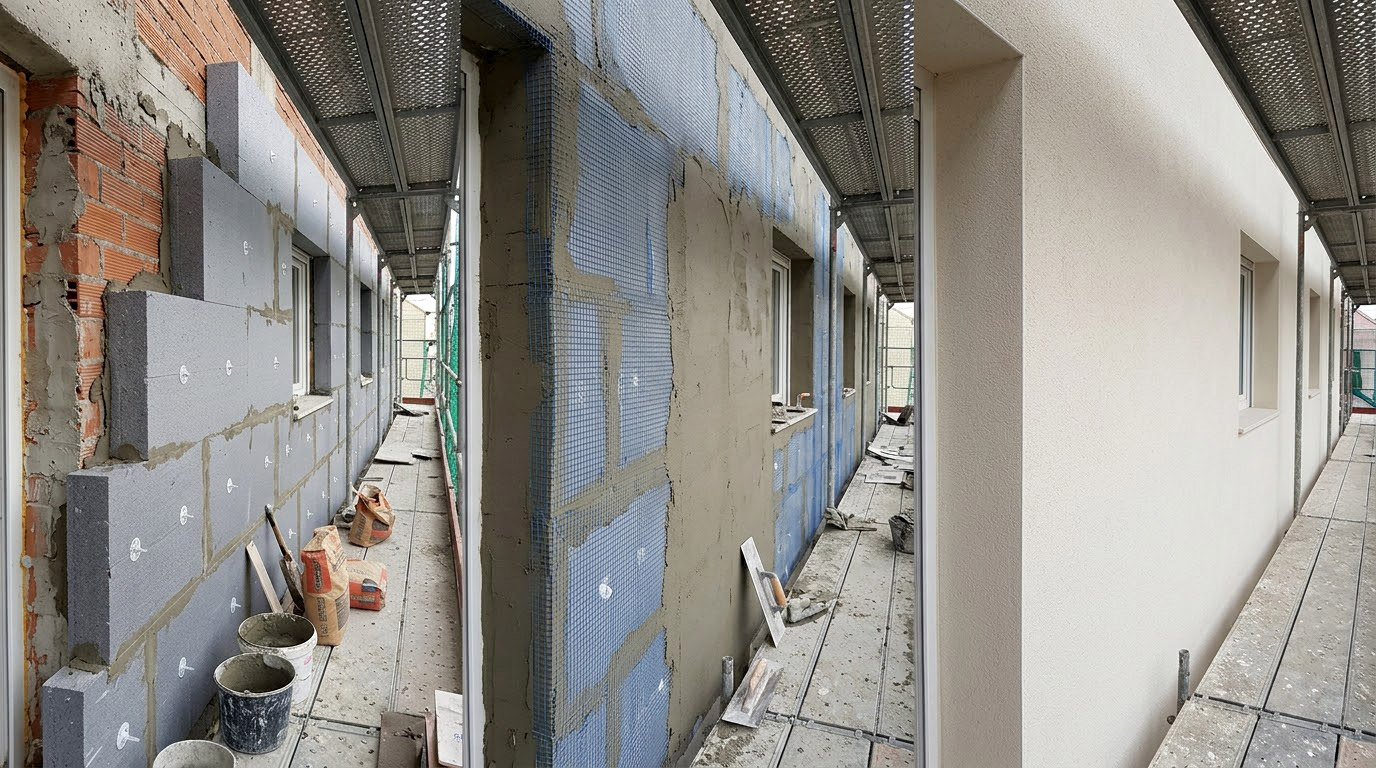 Xavier Sanahuja en proceso de instalación de SATE y fachada terminada