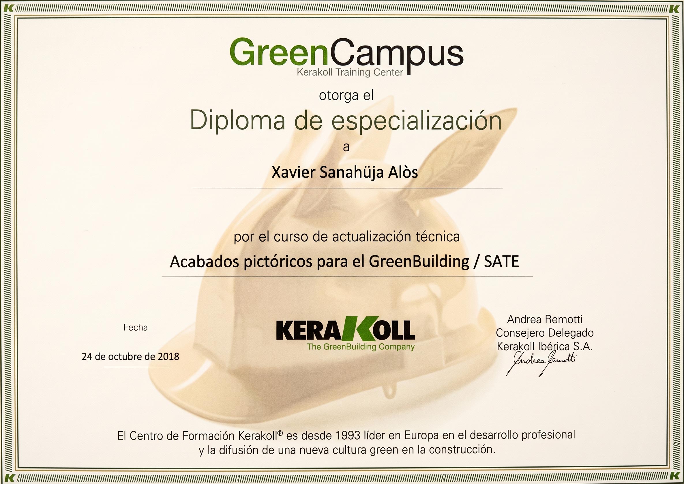 Diploma de especialización a Xavier Sanahüja Alòs por el curso de actualización técnica Acabados pictóricos para el GreenBuilding / SATE