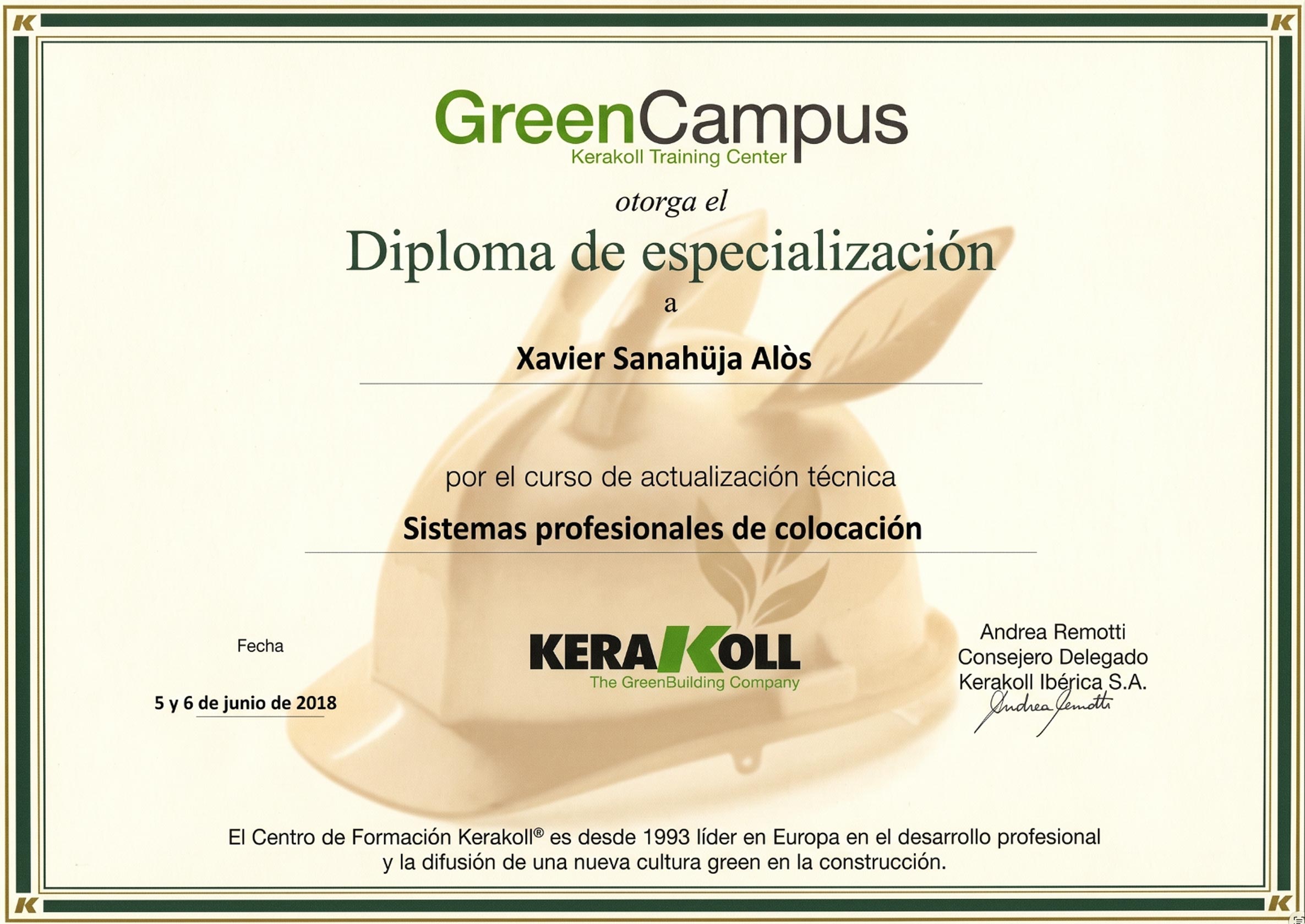Diploma de especialización a Xavier Sanahüja Alòs por el curso de actualización técnica Sistemas profesionales de colocación 