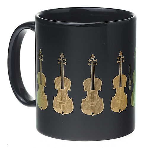 REGALO- TAZA  NEGRA DE VIOLINES DORADOS