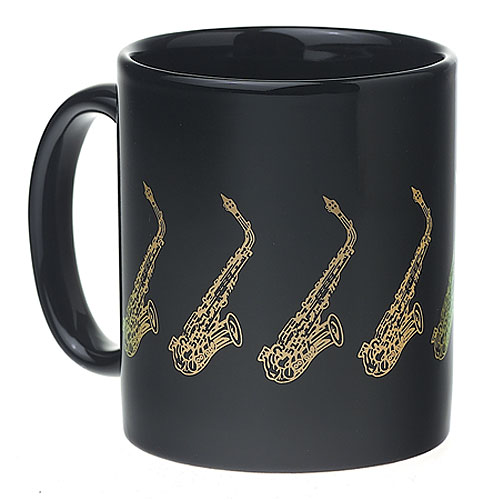 REGALO- TAZA NEGRA DE SAXOFONES DORADOS