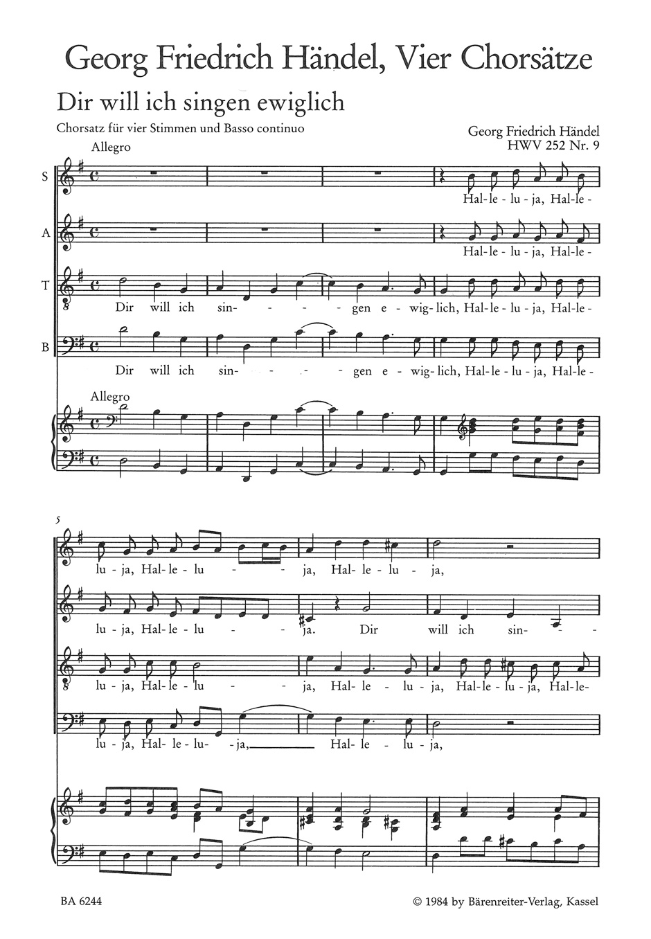 HANDEL G.F. - DIR WILL ICH SINGEN EWIGLICH        SATB -