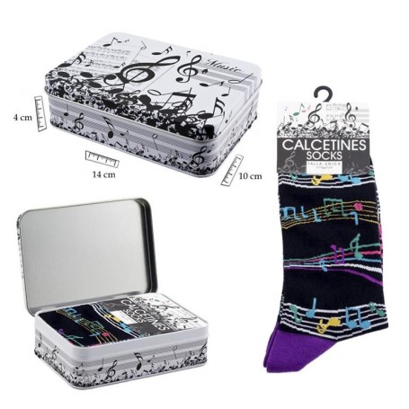 REGALO - CALCETIN  NEGRO Y MORADO (EN LATA)CON MOTIVOS MUSICALES (PARTITURA) TALLA UNICA