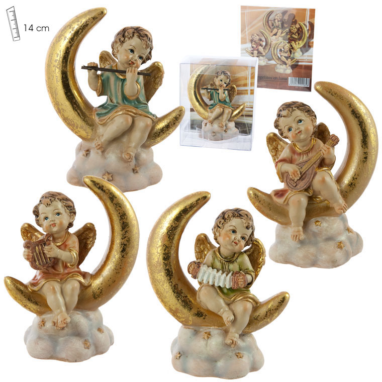 REGALO - FIGURA DE ANGELITO MUSICAL SENTADO EN LUNA 14 CM