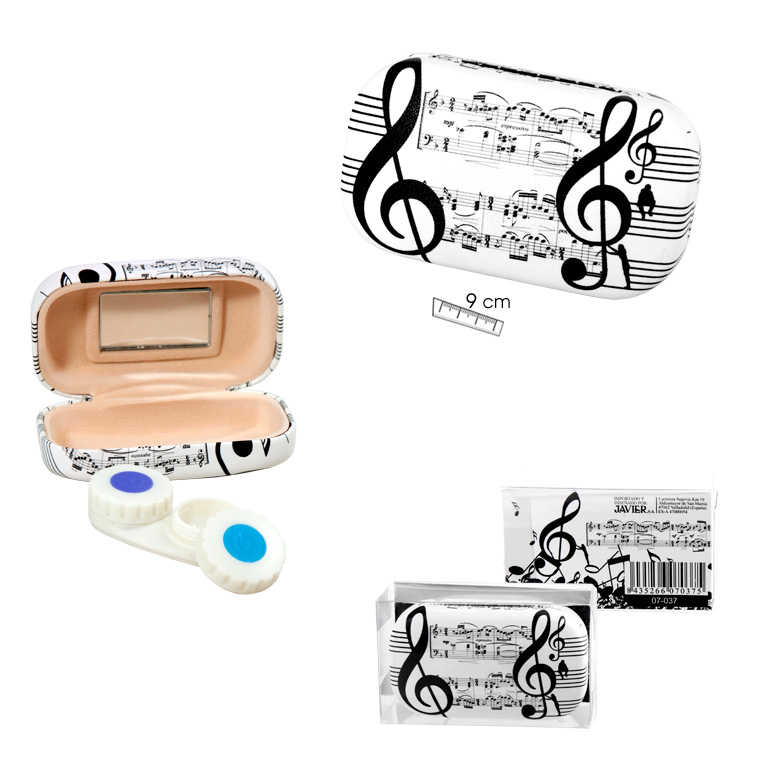 REGALO - ESTUCHE LENTILLAS CON  ESPEJO INTERIOR CON MOTIVOS MUSICALES (9cm) (BLANCO Y NEGRO)