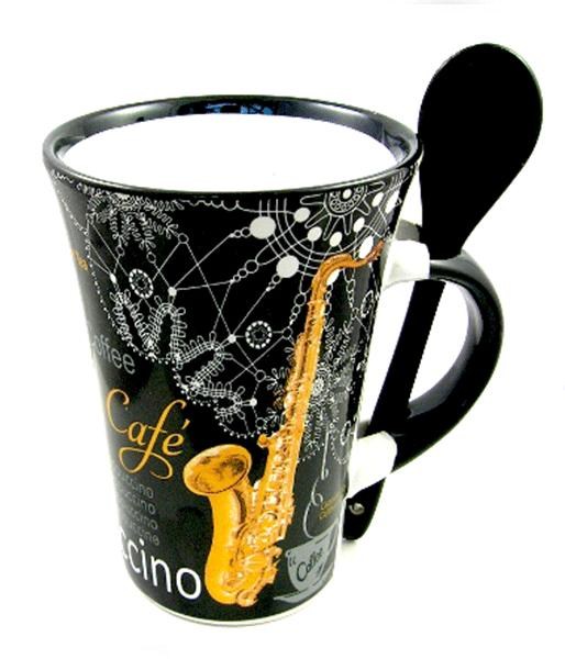REGALO - TAZA CON CUCHARA, NOTAS MUSICALES Y SAXOFON (NEGRO)