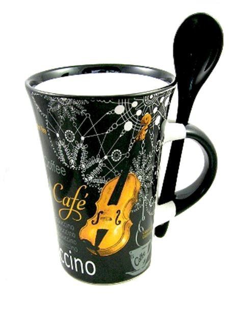 REGALO - TAZA CON CUCHARA, NOTAS MUSICALES Y VIOLIN (NEGRO)