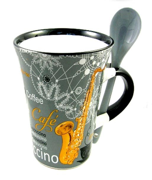 REGALO - TAZA CON CUCHARA, CON NOTAS MUSICALES Y SAXOFON (GRIS)