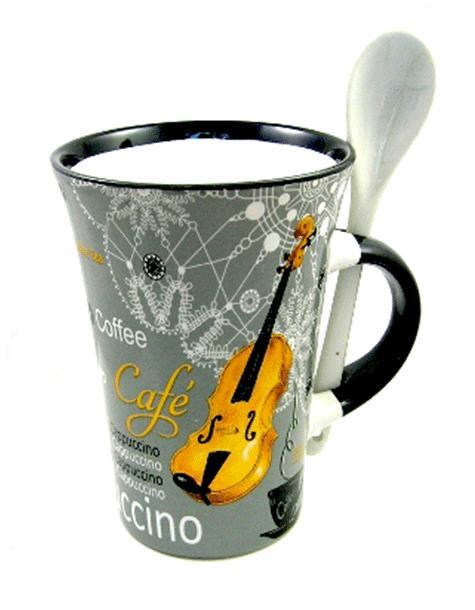 REGALO - TAZA CON CUCHARA, NOTAS MUSICALES Y VIOLIN (GRIS)