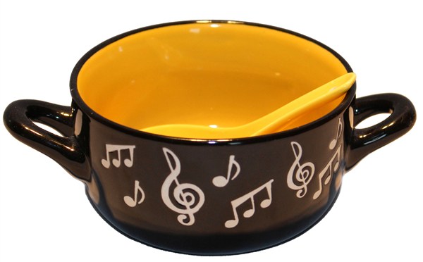 REGALO - TAZON NEGRO CON NOTAS MUSICALES Y CUCHARA (FONDO AMARILLO)
