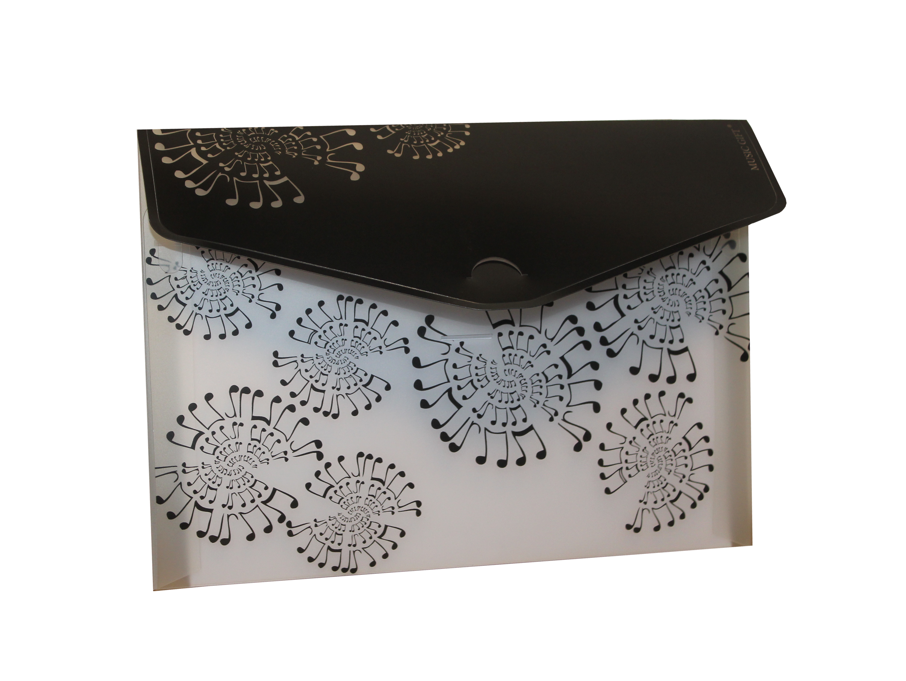 REGALO - CARPETA DE PLASTICO TRASNPARENTE CON MOTIVOS MUSICALES EN COLOR NEGRO