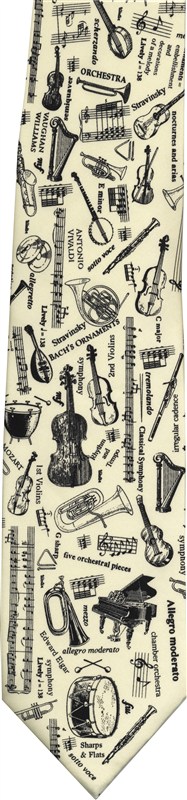 REGALO - CORBATA BLANCA Y NEGRA ESTAMPADA CON INSTRUMENTOS MUSICALES