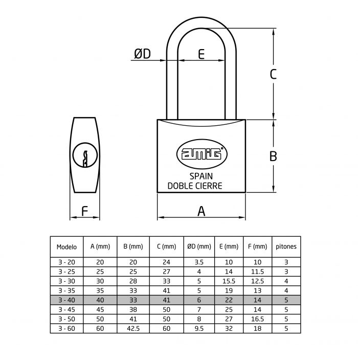 CANDADO 3-40 LATON DISPLAY AMIG 2