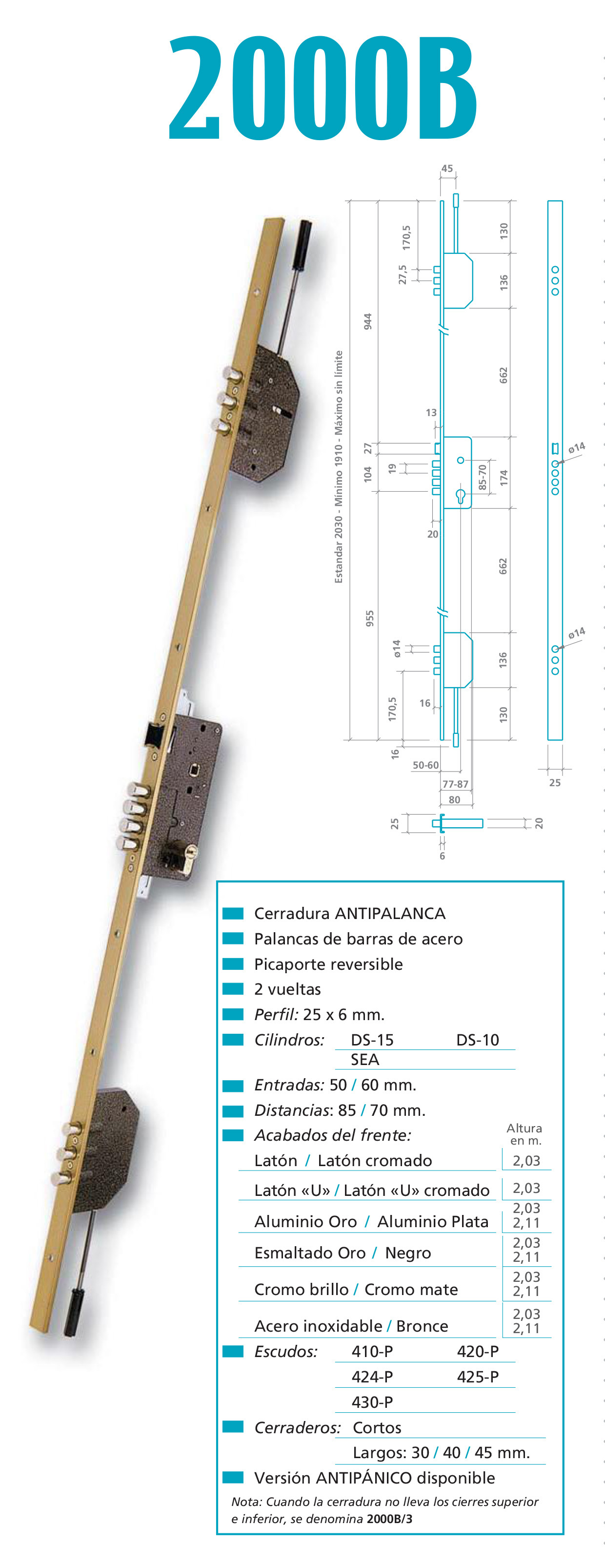 CERRADURA SEGURIDAD EMBUTIR 3 PUNTOS 2000B-3/50-DS15/70D LARGO 45 ESMALTADO ORO 1843748 2
