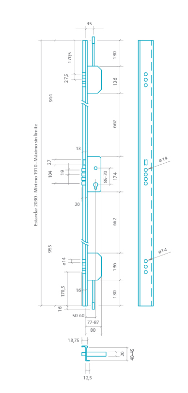 CERRADURA SEGURIDAD EMBUTIR 3 PUNTOS (CONJUNTO) 2000B-3Z/50-DS15/70C-I LARGO 45 ALUM. CROMO MATE 1660393 2