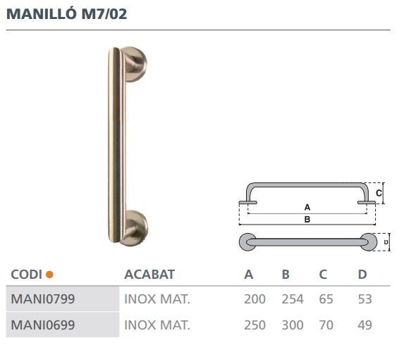 MANILLON ROSETA D.Ø 50MM MODELO M7 19X200MM INOXIDABLE M7/02 2
