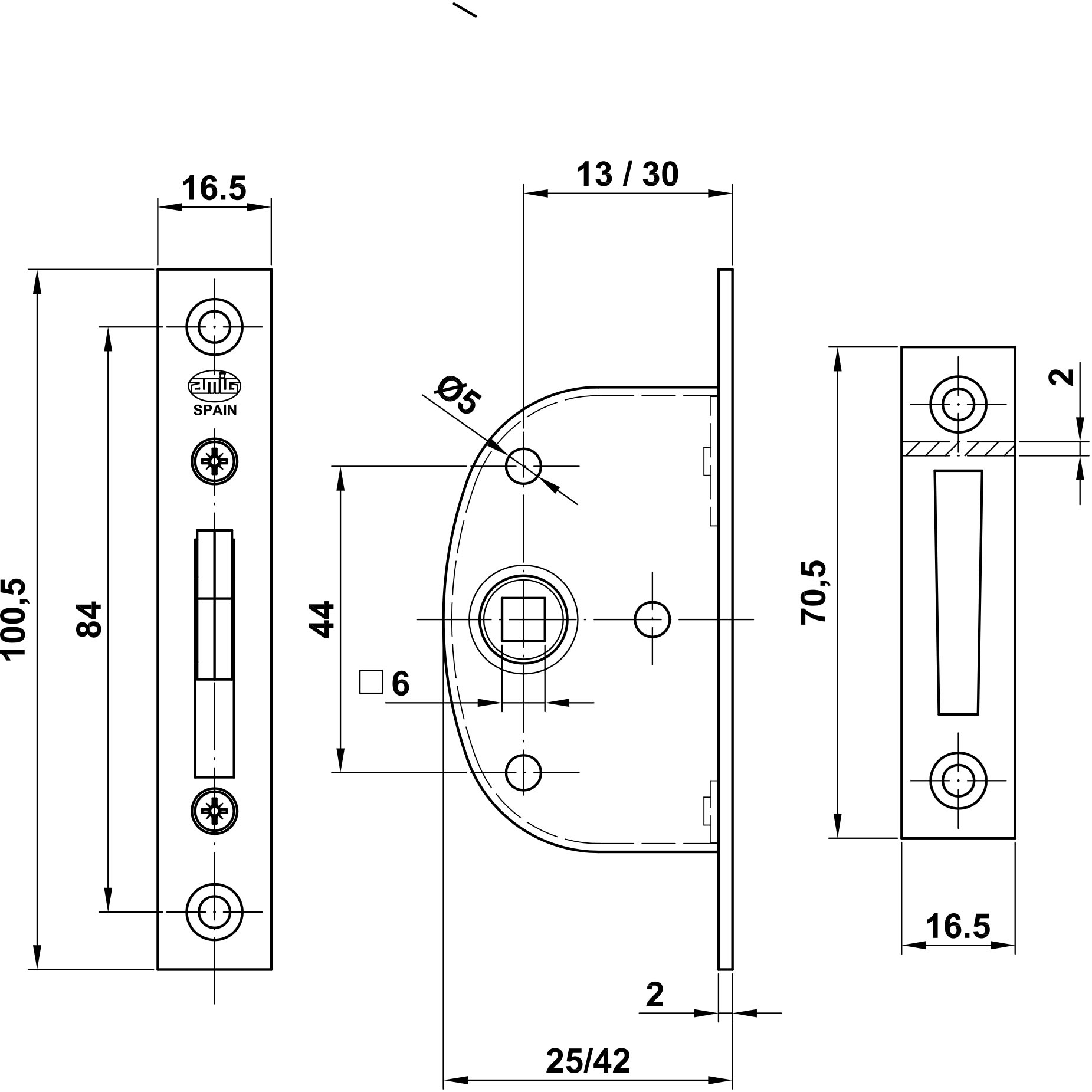 PICAPORTE EMBUTIR 88/1 CUAD.6MM (15MM) 2