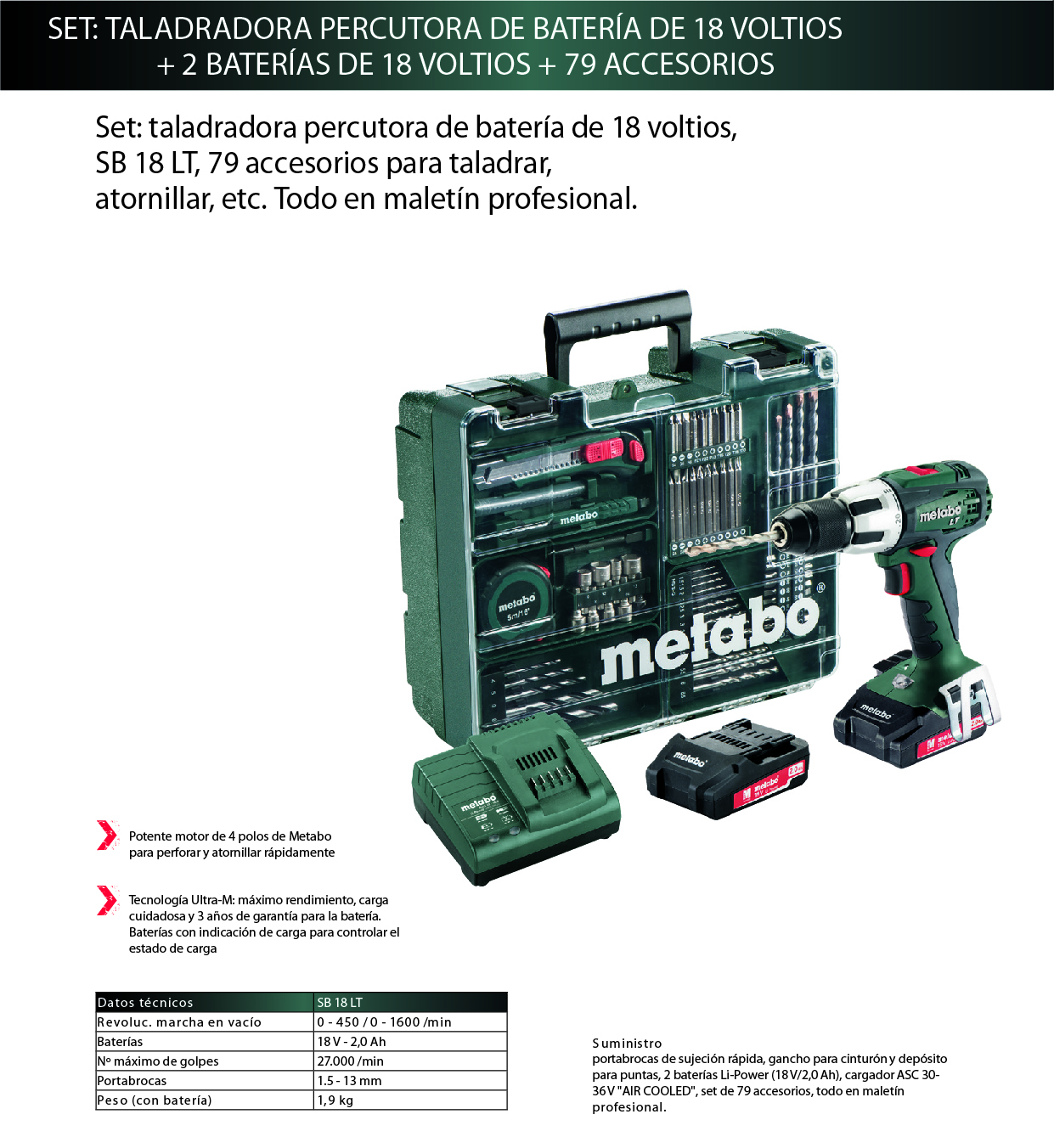 TALADRO PERCUT.BAT.METABO SB18-1.3AH 2