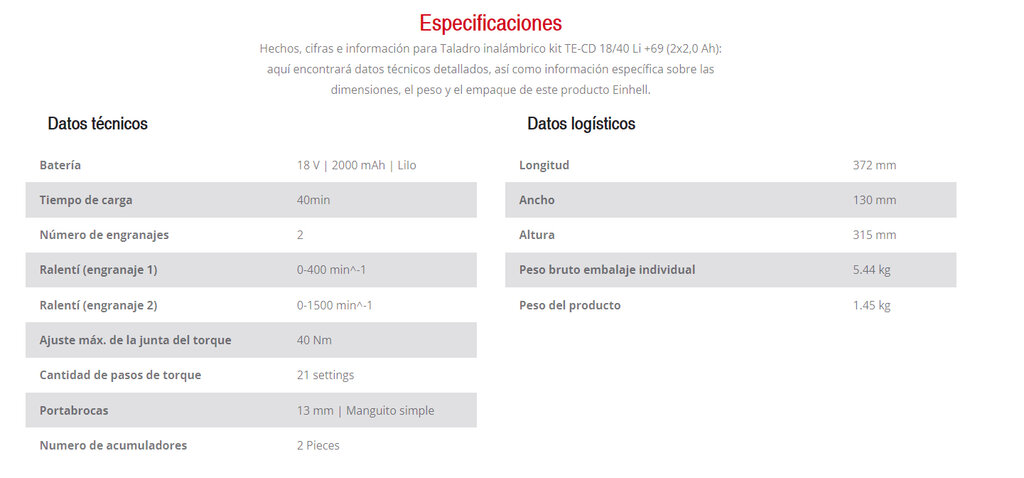 TALADRO EINHELL S/CABLE TE-CD 18/40 LI 3