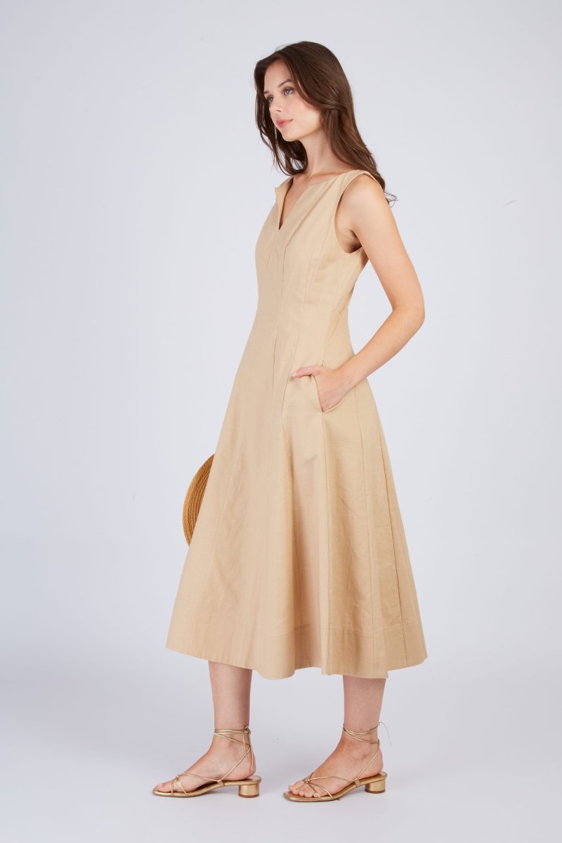 VESTIDO MIDI DE LINO LISO CAMELEÓN - COLOR BEIGE 4