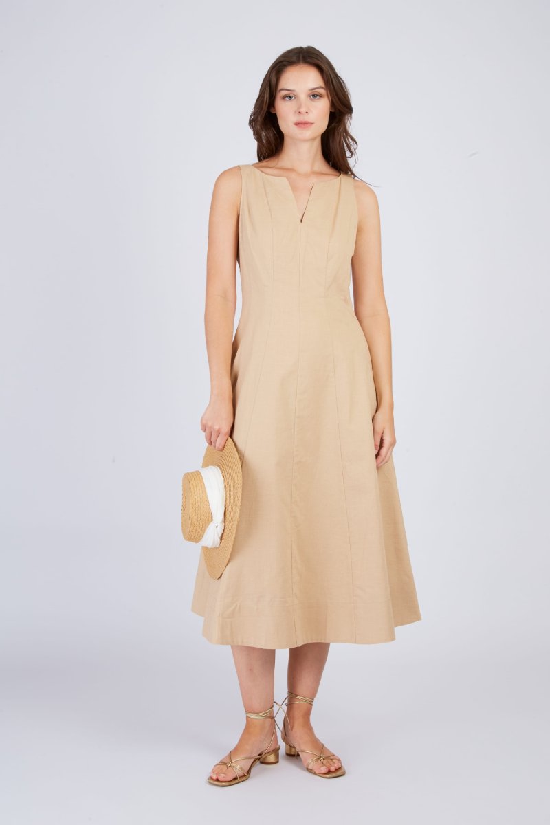 VESTIDO MIDI DE LINO LISO CAMELEÓN - COLOR BEIGE