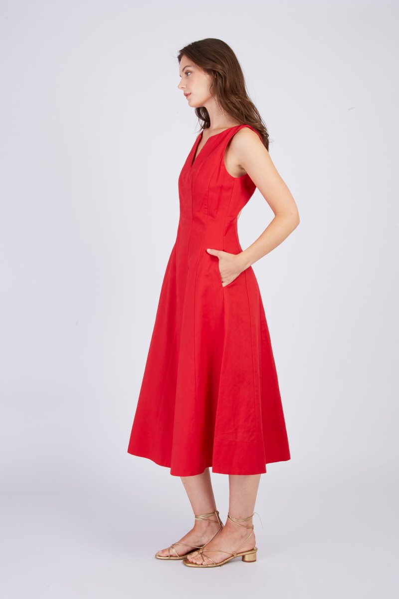 VESTIDO MIDI DE LINO LISO CAMELEÓN - COLOR ROUGE 4