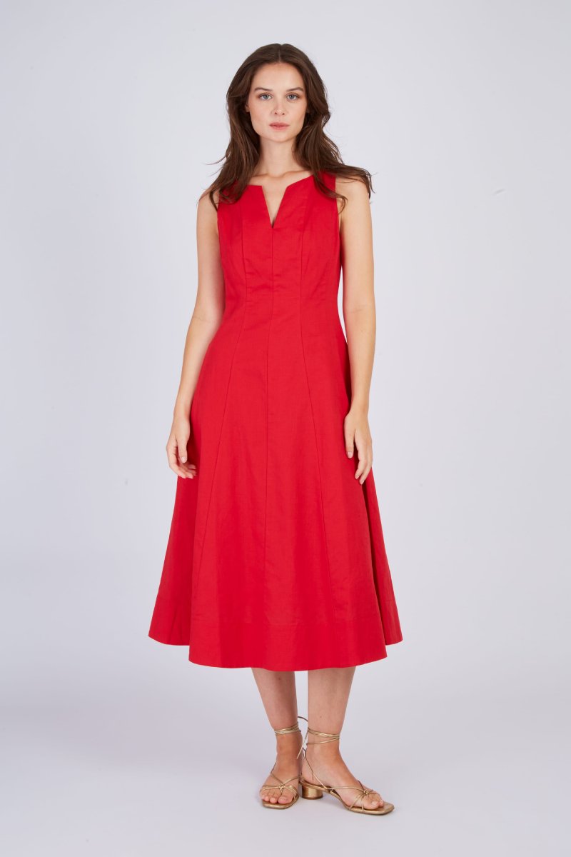VESTIDO MIDI DE LINO LISO CAMELEÓN - COLOR ROUGE