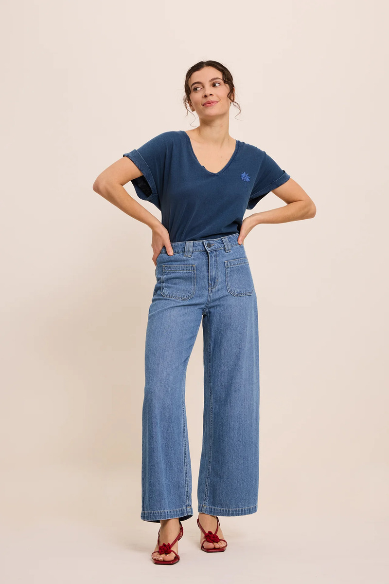 PANTALÓN VAQUERO LUCIA CROP WIDE COLOR AZUL MEDIO