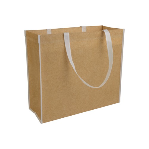 BOLSA NATURAL CON ASA LARGA Y DETALLES DE COLOR de TNT LAMINADO SELLADO (80