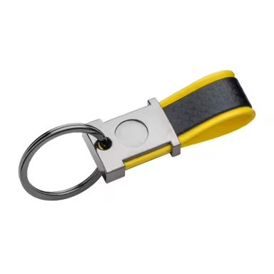 Llavero de metal bruñido y PU bicolor, con espacio apto para logotipo de re