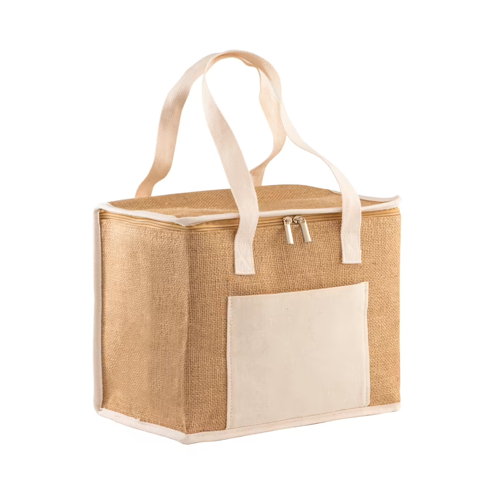 BOLSA NEVERA CON INTERIOR PLATEADO, BOLSILLO FRONTAL DE ALGODÓN Y CIERRE DE