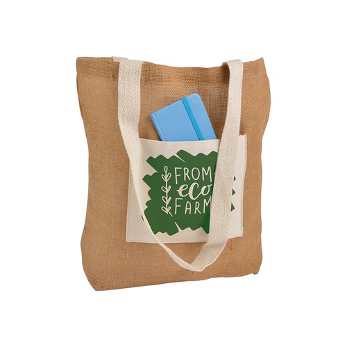 BOLSA CON BOLSILLO EXTERIOR DE ASA LARGA de YUTE/ALGODÓN (gr) 35X37X12cm.