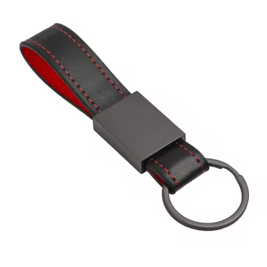 Llavero de PU con costuras de colores y placa y anilla de metal negro mate