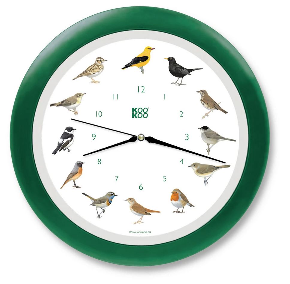 RELOJ DE PARED SONORO AVES CANTORAS KOOKOO MARCO VERDE