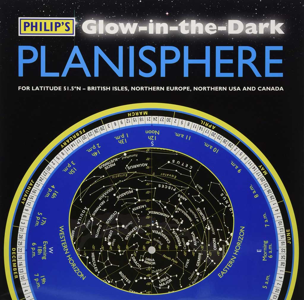 PLANISPHERE GLOW IN THE DARK FOR LATITUDE 51.5 N  BRITISH ISLES, NORTHERN EUROPE, NORTHERN USA AND CANADA
