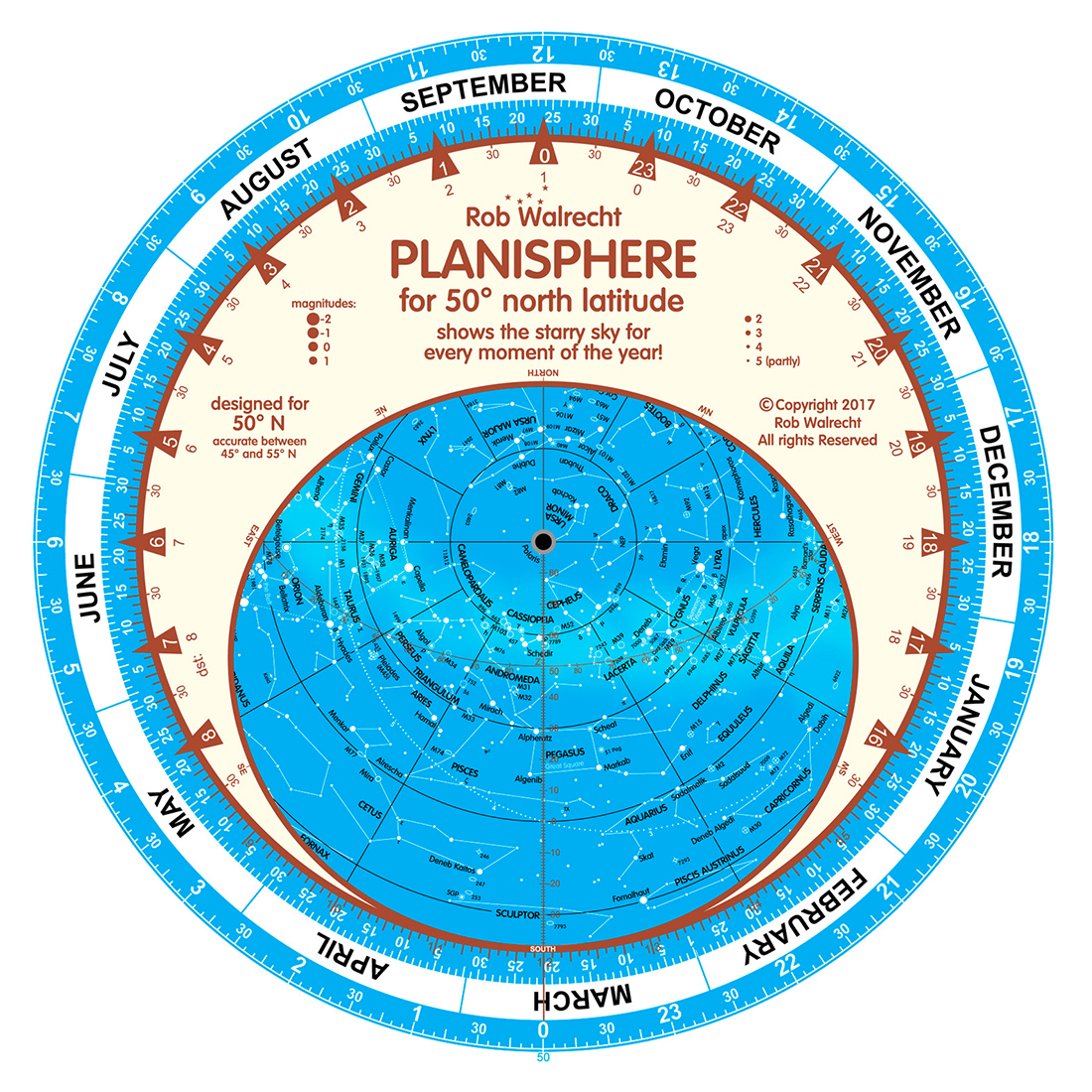 PLANISPHERE ROB WALRECHT FOR 50º NORTH LATITUDE