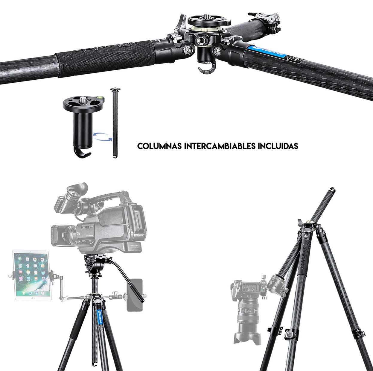LEOFOTO KIT TRÍPODE DE FIBRA DE CARBONO MANBA LV-324C Y RÓTULA FLUIDA BV-10 6